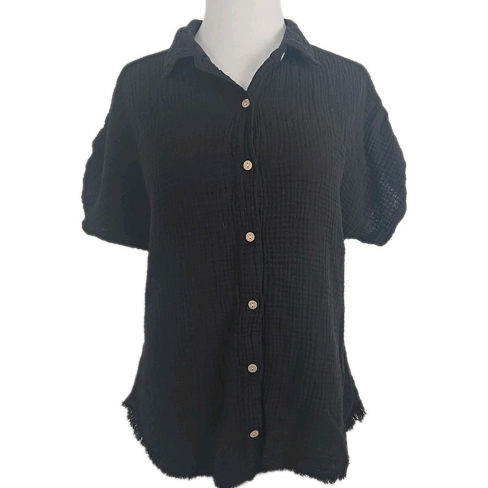 XCVI Medium Black Short Tab Sleeve Button Up  Women's Top Gauzi Crinkle Cotton M